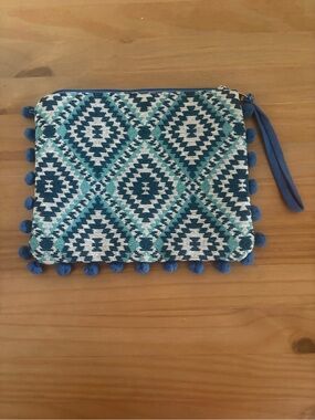 America & Beyond Pompom Woven Geometric Pom-Pom Wristlet Pouch in Blue